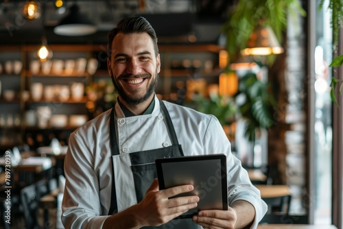 smiling waiter using tablet in cafe symbolizing motivation success and goaloriented mindset photo