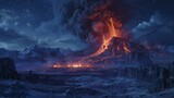 Majestic night scene of a volcanic eruption under a starlit sky with molten lava flows. Created with Generative AI.