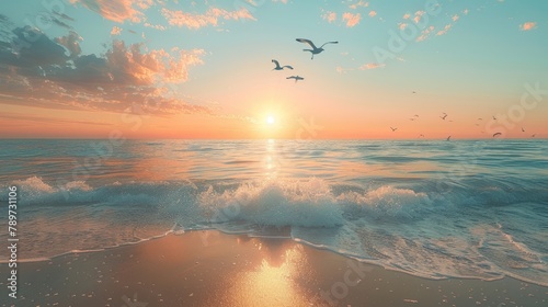 Tranquil beach sunrise with gentle waves and flying seagulls against a pastel sky. Created with Generative AI. photo