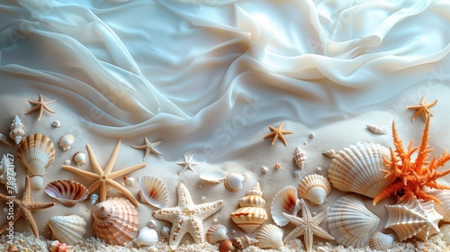 Creative layout made of starfishes, corals and seashells on white background © Katsiaryna