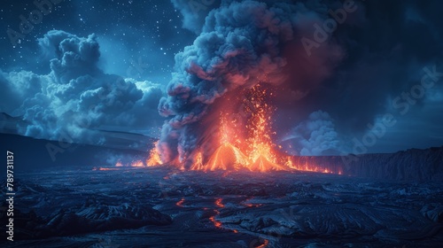 Erupting volcano at night with lava flows and ash clouds under a starry sky. Created with Generative AI. photo