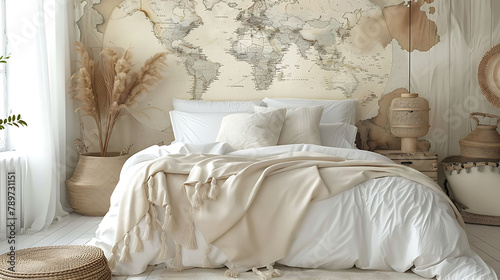 Map on the wall of stylish bedroom interior with big white bed and beige blanket, real photo