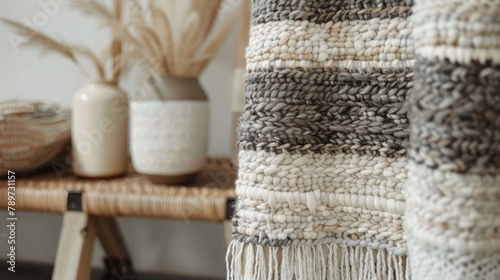 The first image showcases a large woven wall hanging in neutral tones of cream beige and gray. The intricate woven pattern adds texture and interest to the otherwise plain surface .
