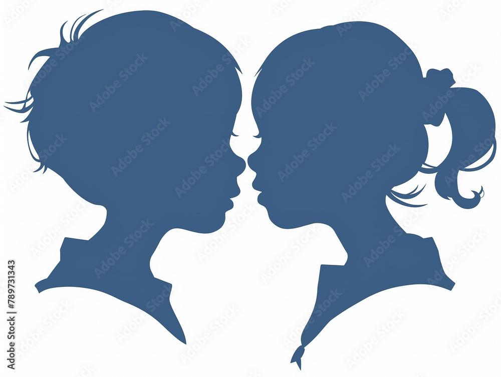 Silhouette bleue de deux enfants, un garçon et une fille, se faisant face, logo ou représentation de l'autisme (TSA), un handicap ou trouble du neurodéveloppement