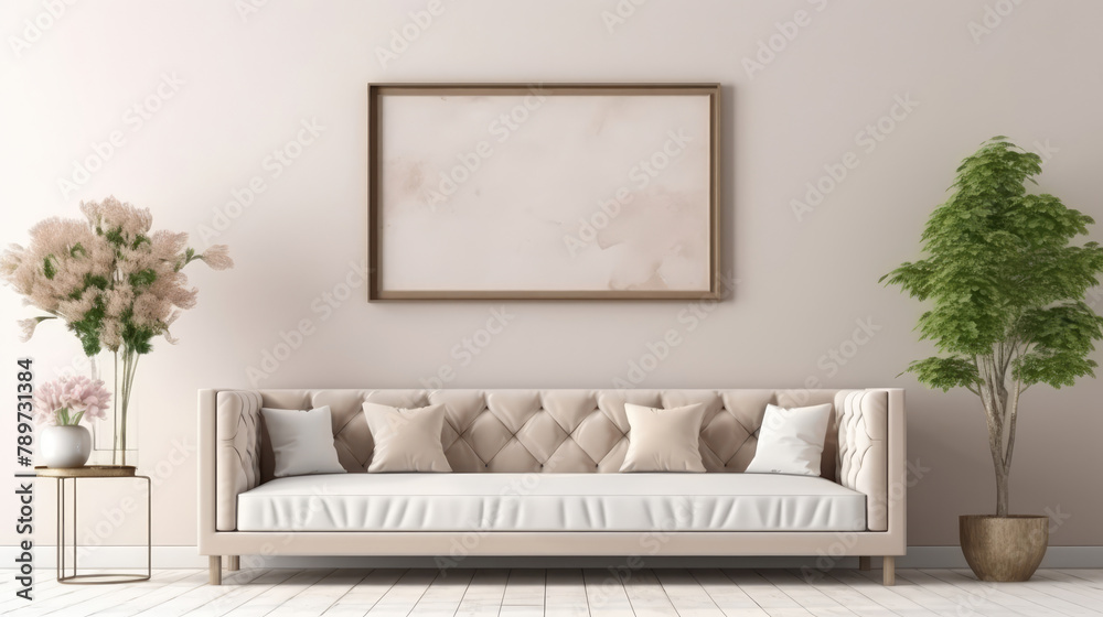 Beige tufted velvet sofa and mock up frame on the wall. Interior design of modern living room. Generative AI