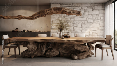 Rustic dining table made from wooden slab and logs. Interior design of modern dining room with textured stucco wall. Generative AI