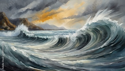fluid painting capturing the movement of wind waves in the ocean, with the waters surface rippling under the cloudy sky. Visual arts depicting a dynamic landscape