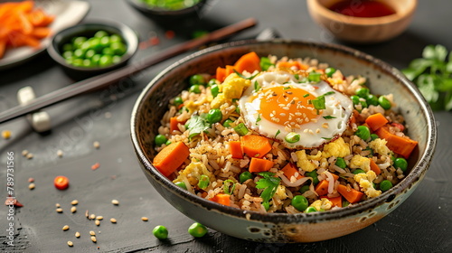 Cauliflower fried rice with carrots, peas, scrambled egg, and soy sauce.