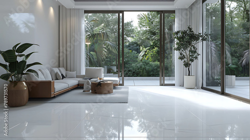Minimal style Modern white living room with blank white wall for copy space 3d render The Rooms white floors  decorated with brown furniture There are large open sliding door Overlooking nature view