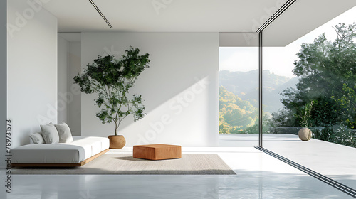 Minimal style Modern white living room with blank white wall for copy space 3d render,The Rooms white floors ,decorated with brown furniture,There are large open sliding door Overlooking nature view photo