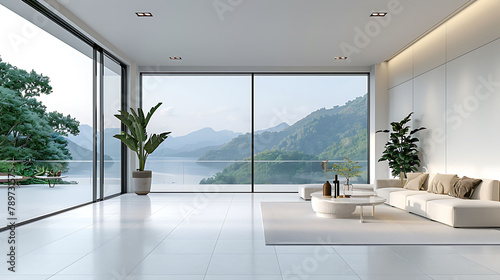 Minimal style Modern white living room with blank white wall for copy space 3d render,The Rooms white floors ,decorated with brown furniture,There are large open sliding door Overlooking nature view photo