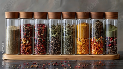 Fototapeta Naklejka Na Ścianę i Meble -  Minimalist spice jars composition - stylish kitchen decor and seasoning organization essentials