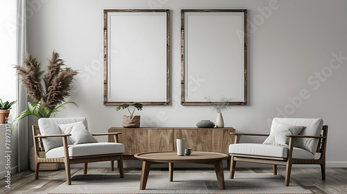 Mock up poster frame in Scandinavian style interior with modern furnitures, Minimalist interior design, 3D illustration photo