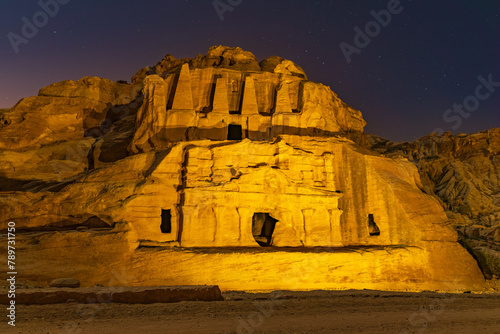 Illuminated building in the acient Nabatean city of Petra by night, Jordan