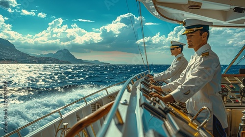captain and boatswain steer a ship on a magnificent sunny day at sea