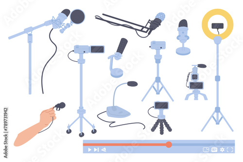 Microphone set. Podcast, broadcast or music concept. Stock vector illustration isolated on white background.