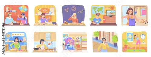 blogger concept set. Different video blog types. Stock vector illustration in flat cartoon style.