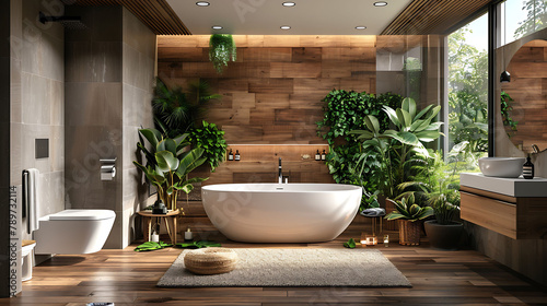 Modern bathroom interior with wooden decor in eco style  3D Render