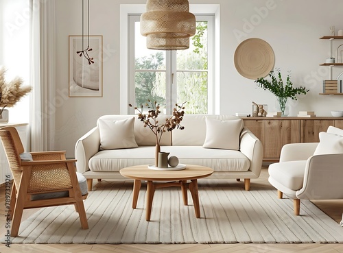 Sofa arm cahir and wooden coffee table luxury interior design photo