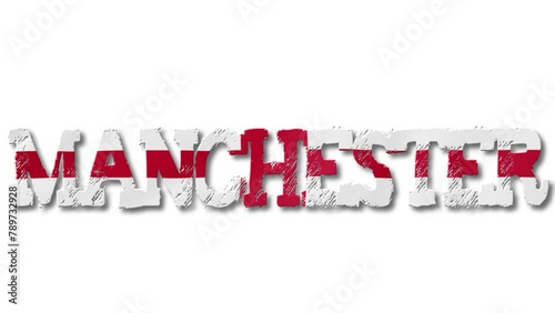 Manchester Text with England Flag Waving Inside. Seamless Loop Animation on Transparent Background.