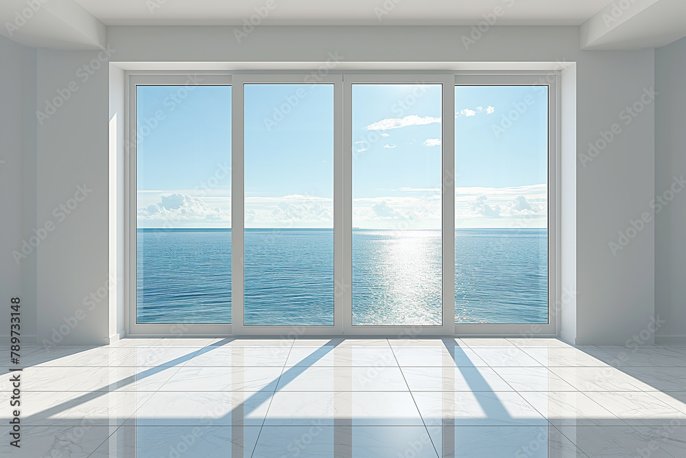 Panoramic windows in empty room with view on sea in sunny day.