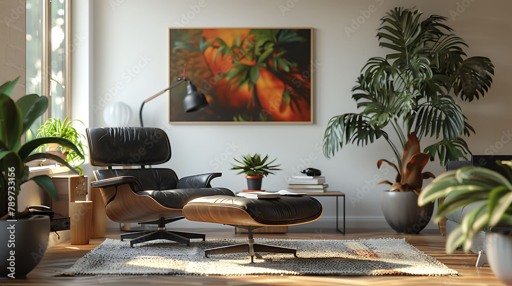 Modern design interior, Scandinavian furniture, 3d illustration, black sofa
