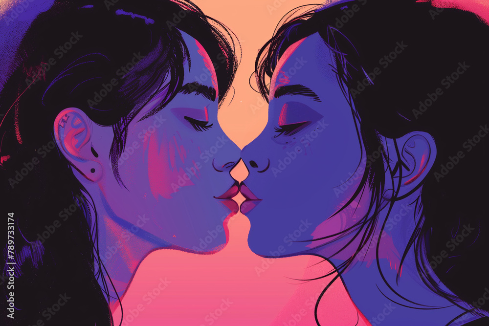 Lesbian couple giving each other a kiss on an artistic rainbow colored background, immersed in the vibrant embrace of lgbt pride Lesbian couple giving each other a kiss on an artistic rainbow colored background, immersed in the vibrant embrace of lgbt pride