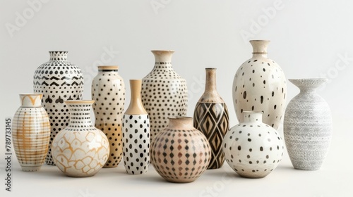 Blank mockup of a set of mismatched bohemian vases in varying sizes and patterns. . photo