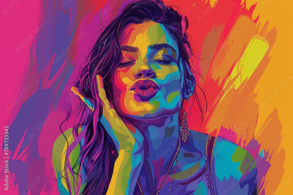 Woman blowing a kiss on a background of gay pride colors, expressing affection and joy amidst vibrant, copy-space backdrop