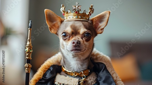 Regal Chihuahua: A Tiny Monarch in a Minimalist Realm. Concept Chihuahua Photoshoot, Royal Pet Portraits, Minimalist Background, Tiny Monarch Theme, Regal Attire photo