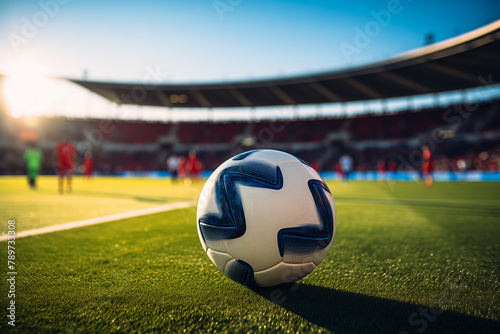 A soccer ball on a green field in soccer football stadium during game
