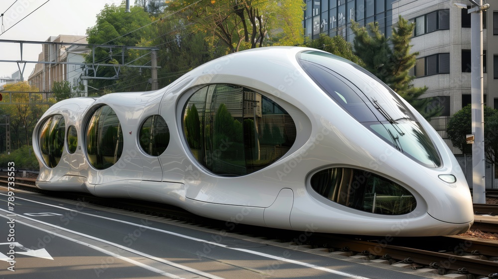 Modern futuristic high speed train in the city Modern futuristic high speed train in the city