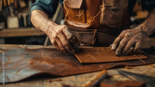 A leatherworkers hands skillfully molding and shaping a piece of leather with precision and expertise creating a beautiful and functional product. .