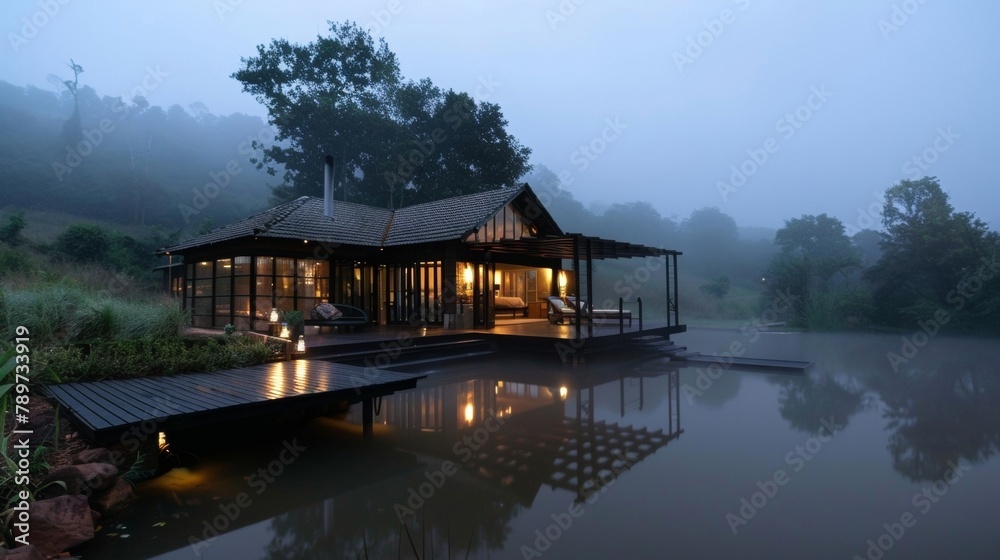 The cool crisp air of the misty morning adds to the enchanting atmosphere of the elevated lodge where guests can relax and rejuvenate. 2d flat cartoon. The cool crisp air of the misty morning adds to the enchanting atmosphere of the elevated lodge where guests can relax and rejuvenate. 2d flat cartoon.