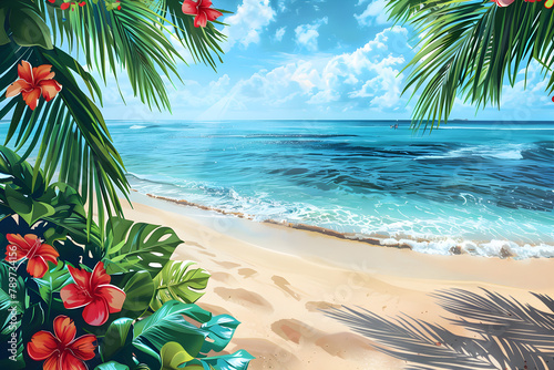 Tropical beach in summer vacation graphic, fun happy and party design, sublime image.