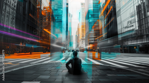 sitting at a crosswalk in a bustling city,. while the city is in vivid colors. The disconnect symbolizes feelings of isolation amidst chaos, reflecting the inner experience of depression. photo