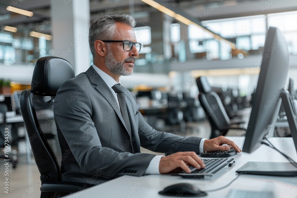 A well-dressed man intently using a desktop computer at a spacious workstation in a contemporary, open-concept office with a bright setting