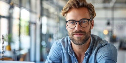 A professional-looking man with glasses poses confidently in a modern office setting, suggesting competence and approachability photo