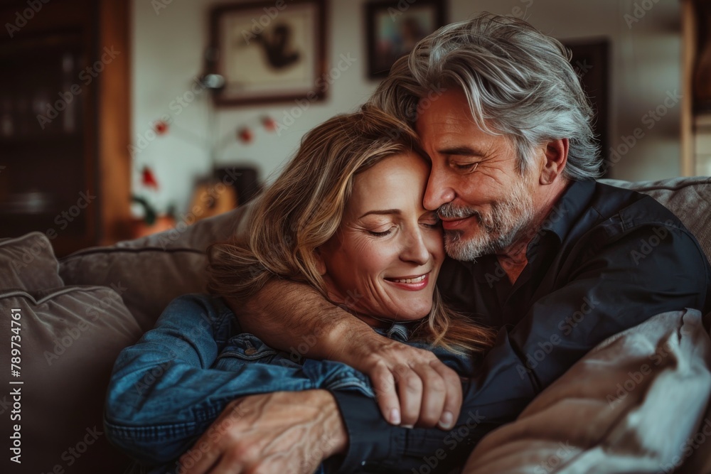 An endearing photo of an older couple sharing a quiet embrace and smile on a comfortable sofa An endearing photo of an older couple sharing a quiet embrace and smile on a comfortable sofa