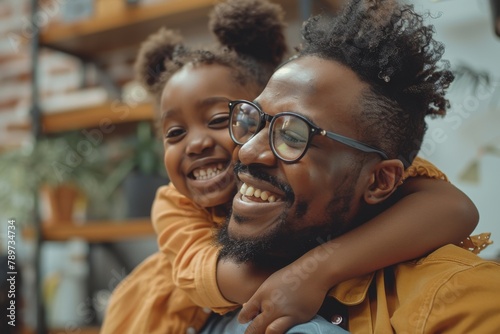 An African American dad laughs with his daughter, conveying a sense of joy and closeness photo