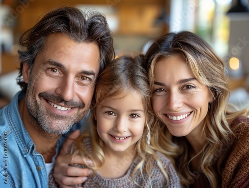 A joyful family portrait featuring two parents and their daughter smiling warmly in a cozy setting