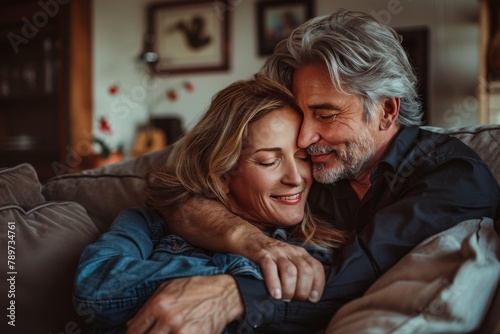 An endearing photo of an older couple sharing a quiet embrace and smile on a comfortable sofa