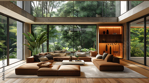 Modern living room with mezzanine 3d rendering imageThere are wooden floor decorate wall with groovefurnished with brown fabric furnitureThere are large windows look out to see the nature photo