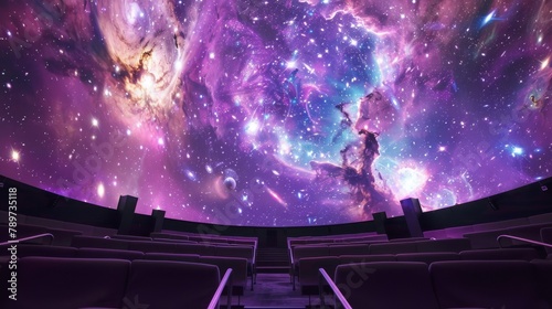 Arranges an exhibit in a planetarium where projections of distant galaxies and nebulae in vivid cosmic purples draw visitors into the mysteries of the universe photo