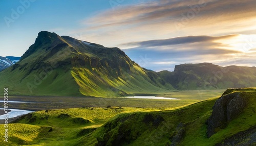 vibrant icelandic landscape of green moss covered mountains at dawn photo