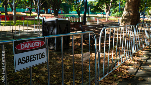 asbestos sign.Asbestos in Sydney park nsw Australia. asbestos danger. closed park.