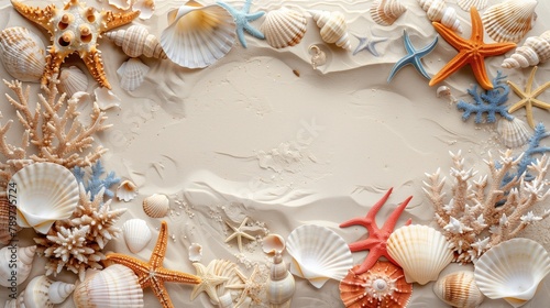 Creative layout made of white flowers and seashells on white background with copy space