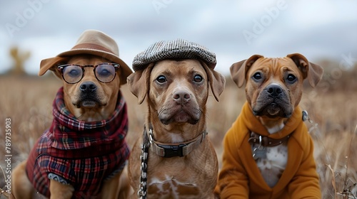 Dapper Dogs Trio: Stylish Canines in Countryside Chic. Concept Pet fashion, Stylish accessories, Outdoor photoshoot, Countryside chic, Animal photography