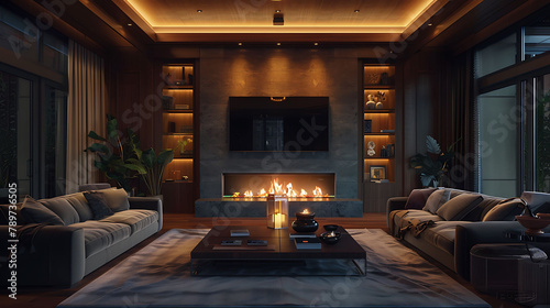 Panoramic view of luxurious living room with fireplace  tv and two couches