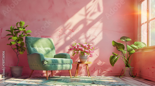 Pink room with green armchair, rug and side table